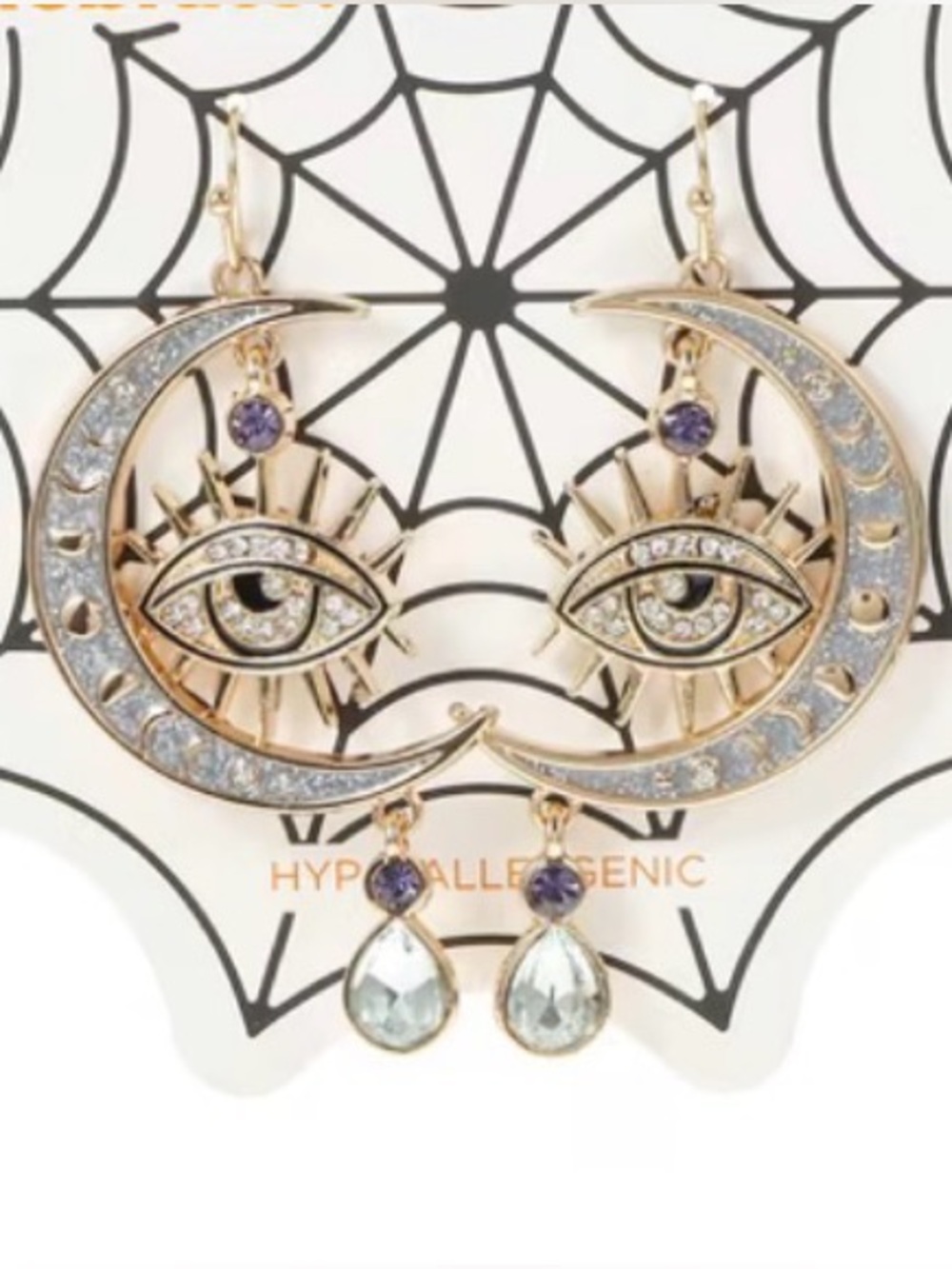 Celestial Eye Halloween Dangle Earrings NWT Hypoallergenic Gold Toned w/ Crystal